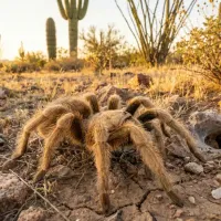 blonde tarantula next to a burrow