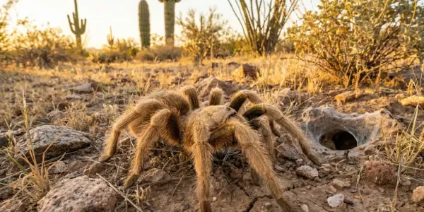 blonde tarantula next to a burrow